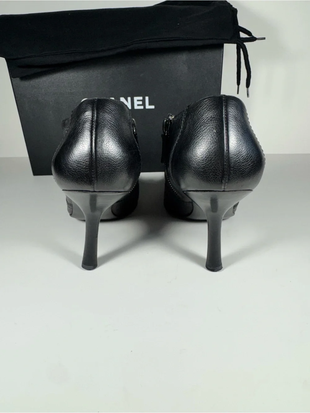 Vintage CHANEL Black Leather Western Kitten Ankle Heel Point Booties Women 9.5